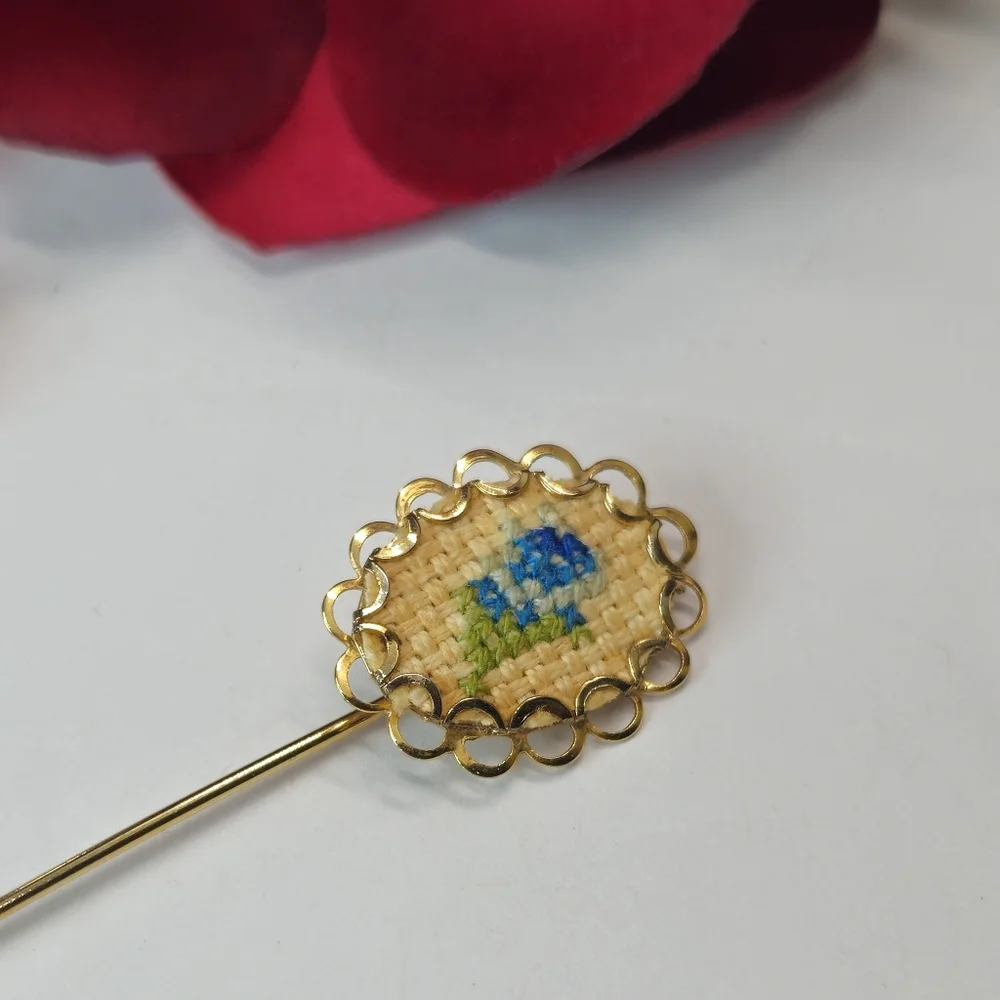 Vintage Blue Flower Cross Stitch Stick Pin Gold Tone